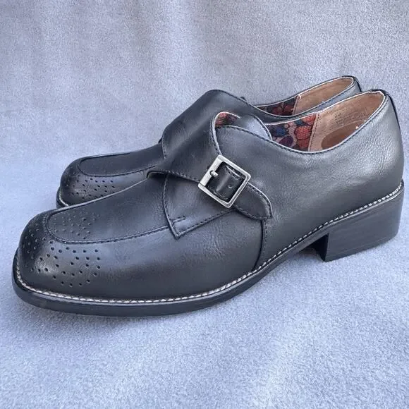 Korks Theodore Monk Shoes Womens Size 8 Black Strap Buckle Block Heel Wingtip - Picture 1 of 10